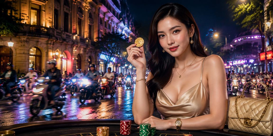 Bàn baccarat sáng đèn neon tại Hà Nội về đêm